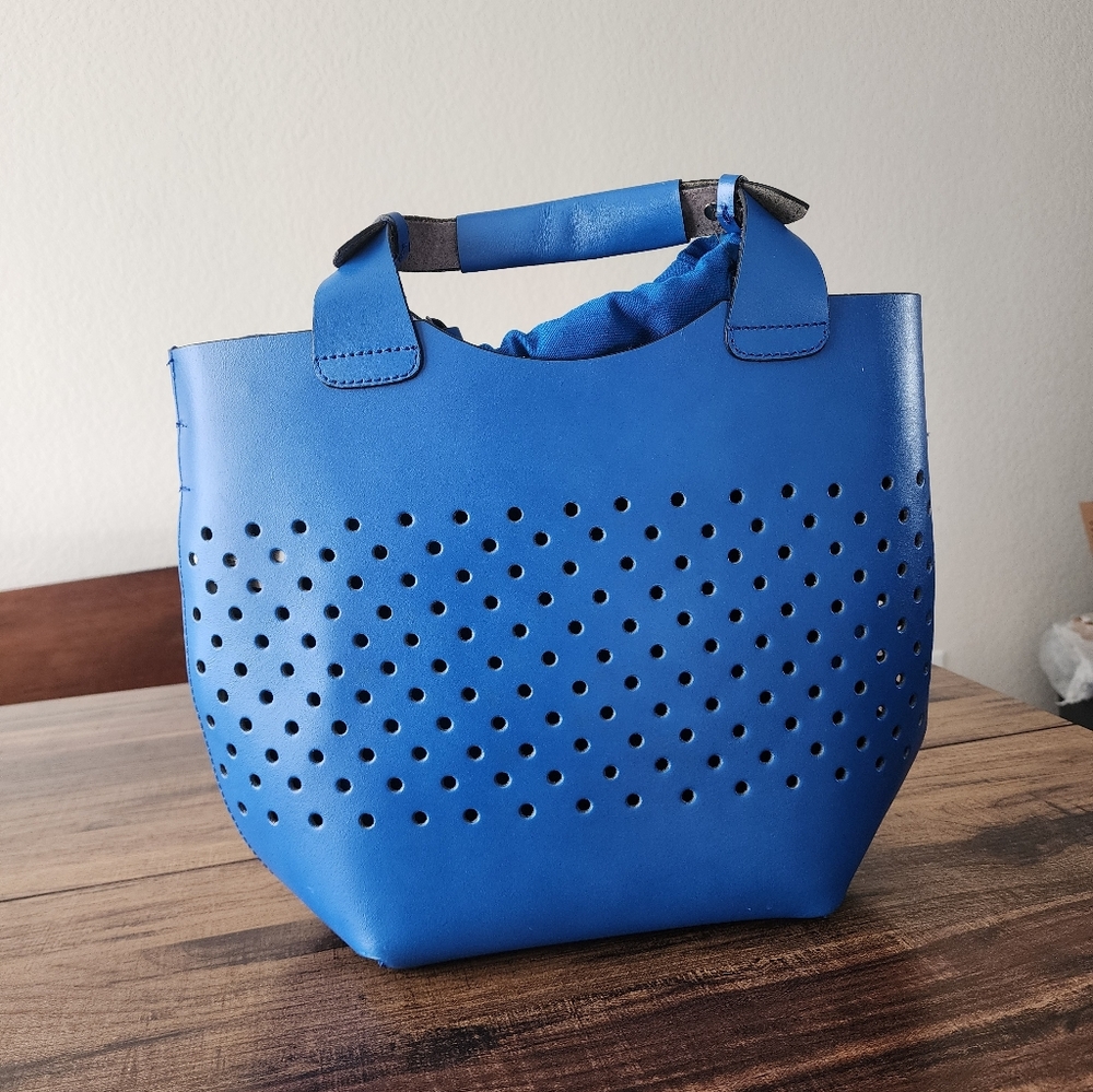 Zara Tan Blue Bucket Bag  Leather Canvas Lining Large